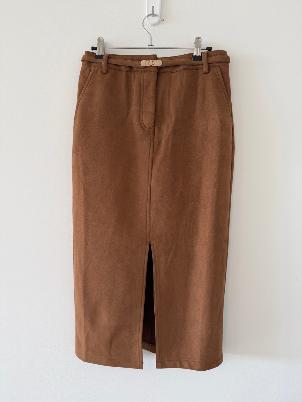 Noli Brown Suede-Look Midi Pencil Skirt
